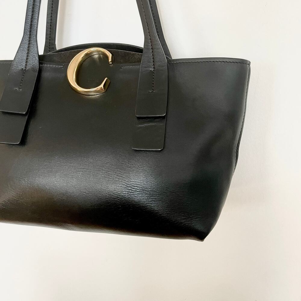 Chloe Shiny Black Leather C Zip Top Shopper Tote Shoulder Bag Carryall Small - Picture 4 of 11